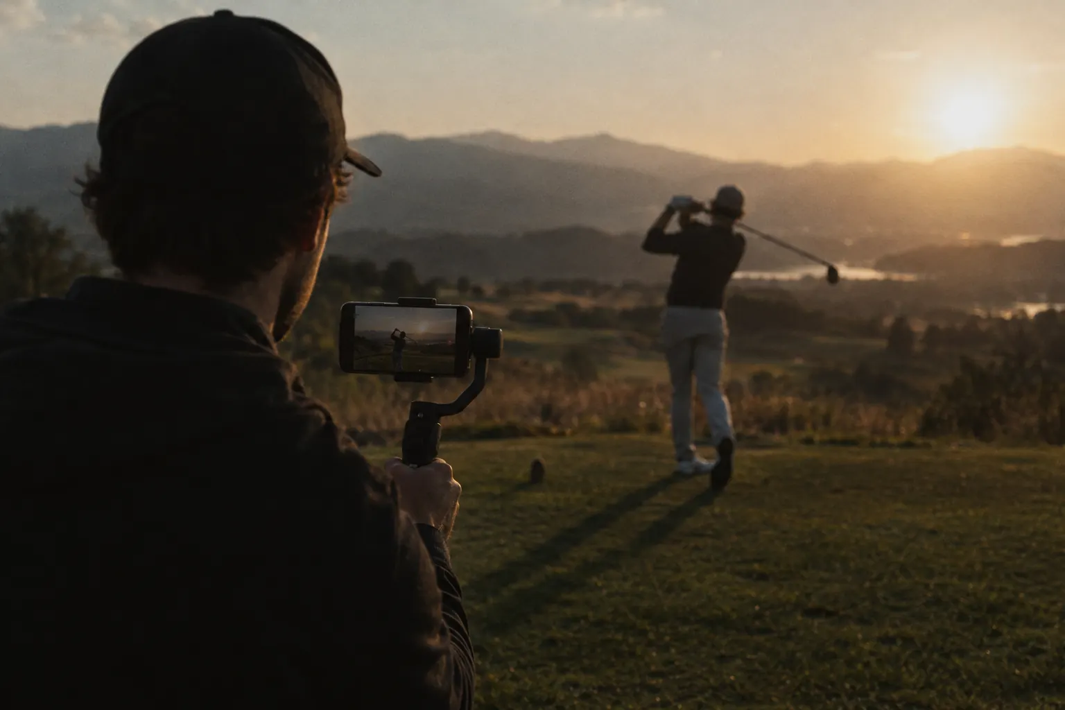 Over the shoulder of a creator filming a golfer's swing on a phone gimbal at golden hour.