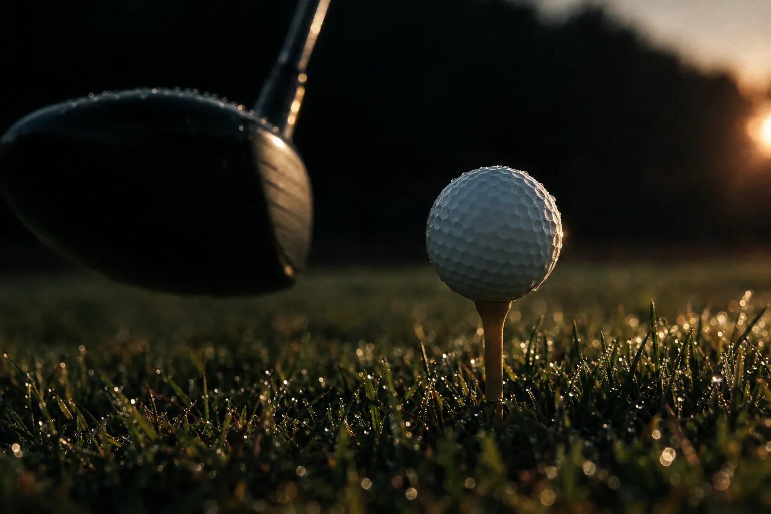 A golf ball on a tee in front of a driver head, in low evening light.