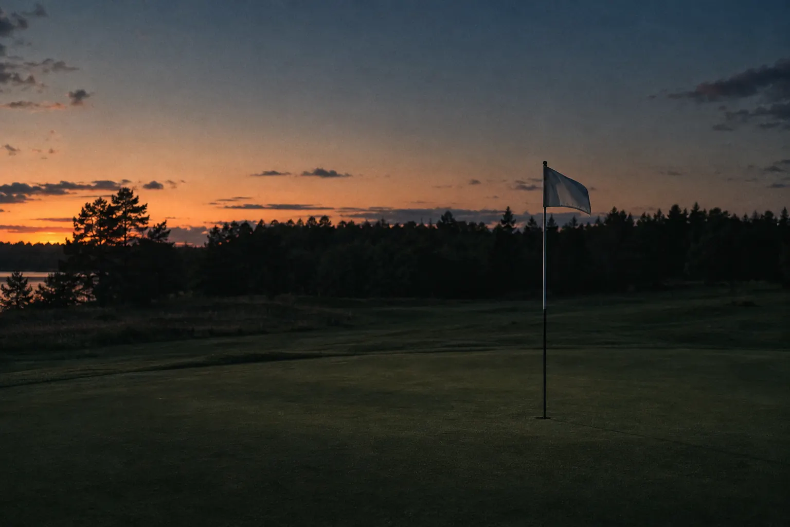 A flagstick on an empty green at blue hour, the last light on the horizon.