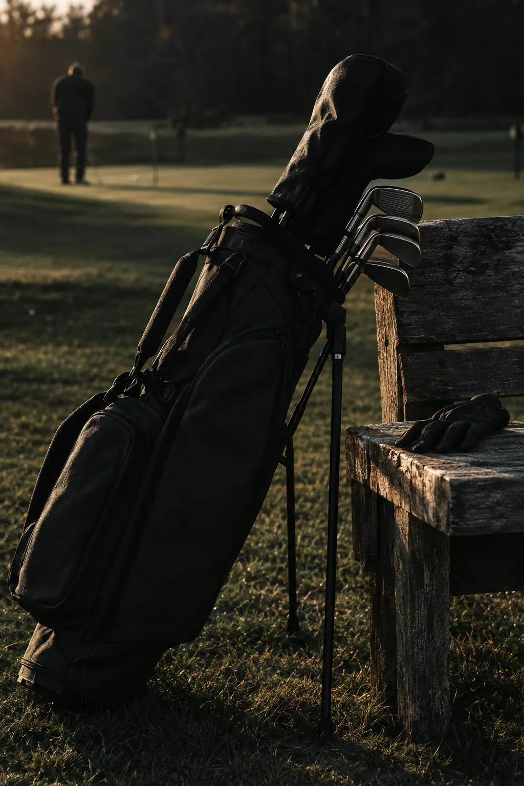 A black golf bag resting against a wooden bench beside a tee box.