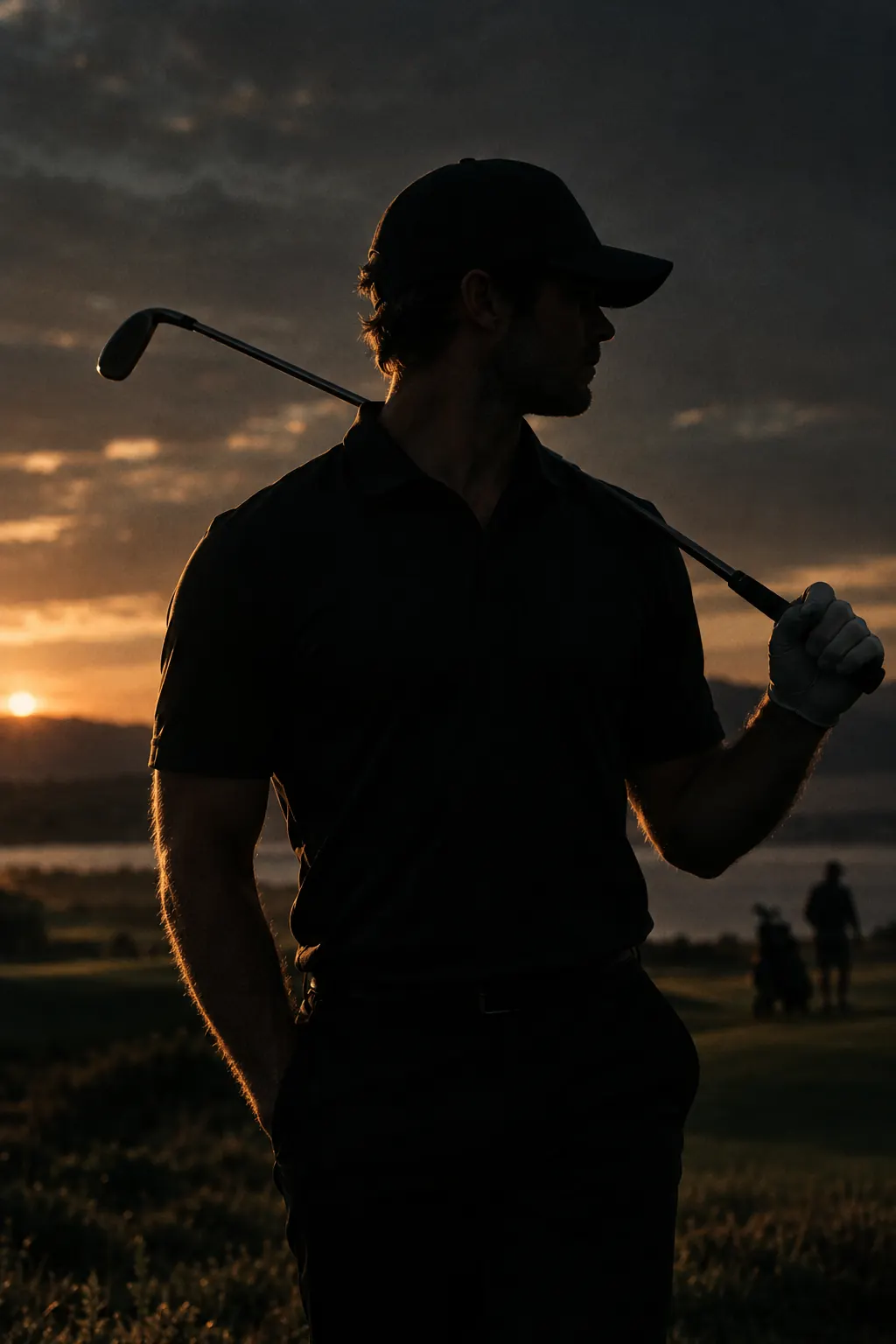 A golfer dressed in black stands on a fairway at dusk, seen from behind.