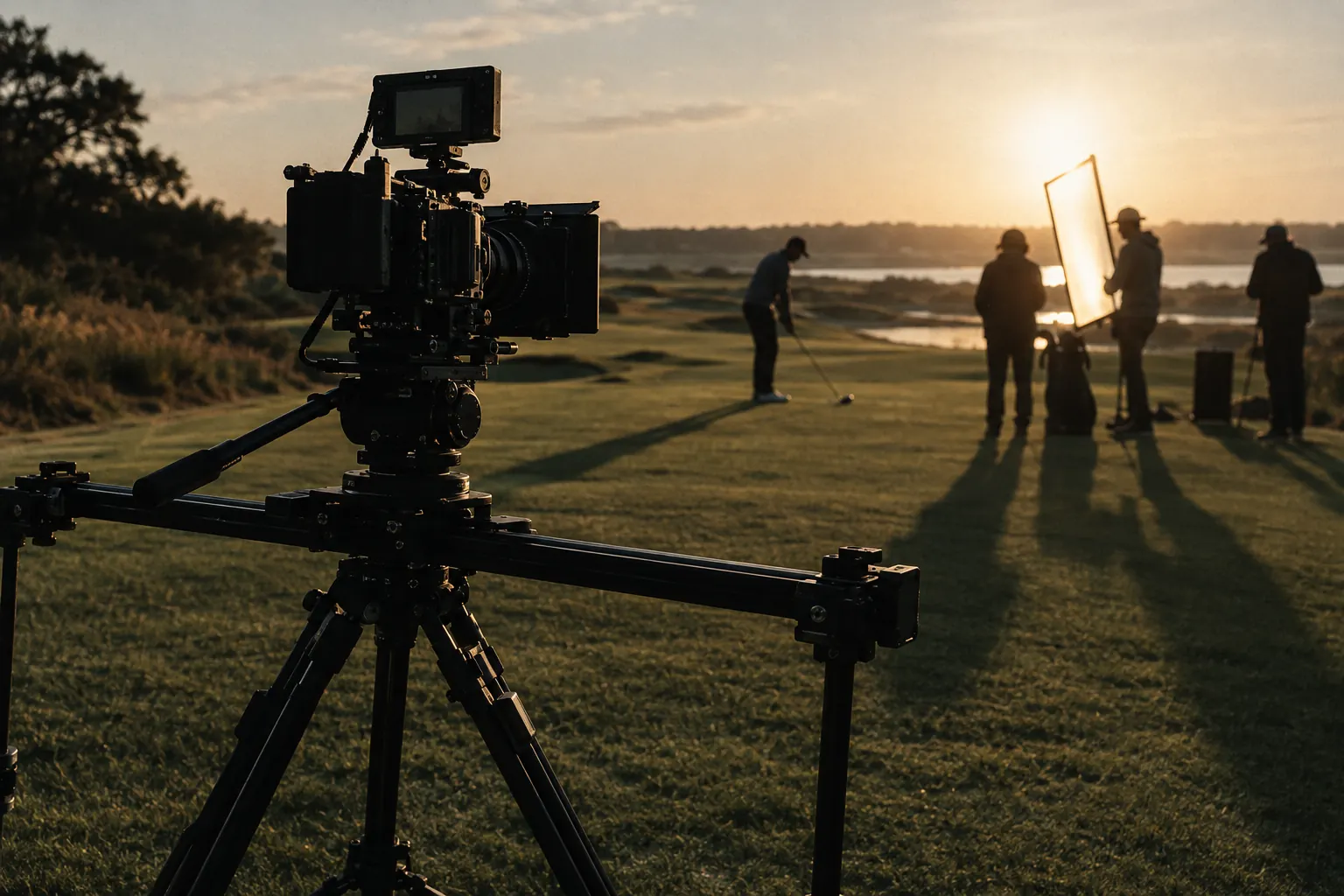 A cinema camera on a slider on a fairway, with a small crew preparing a shot.