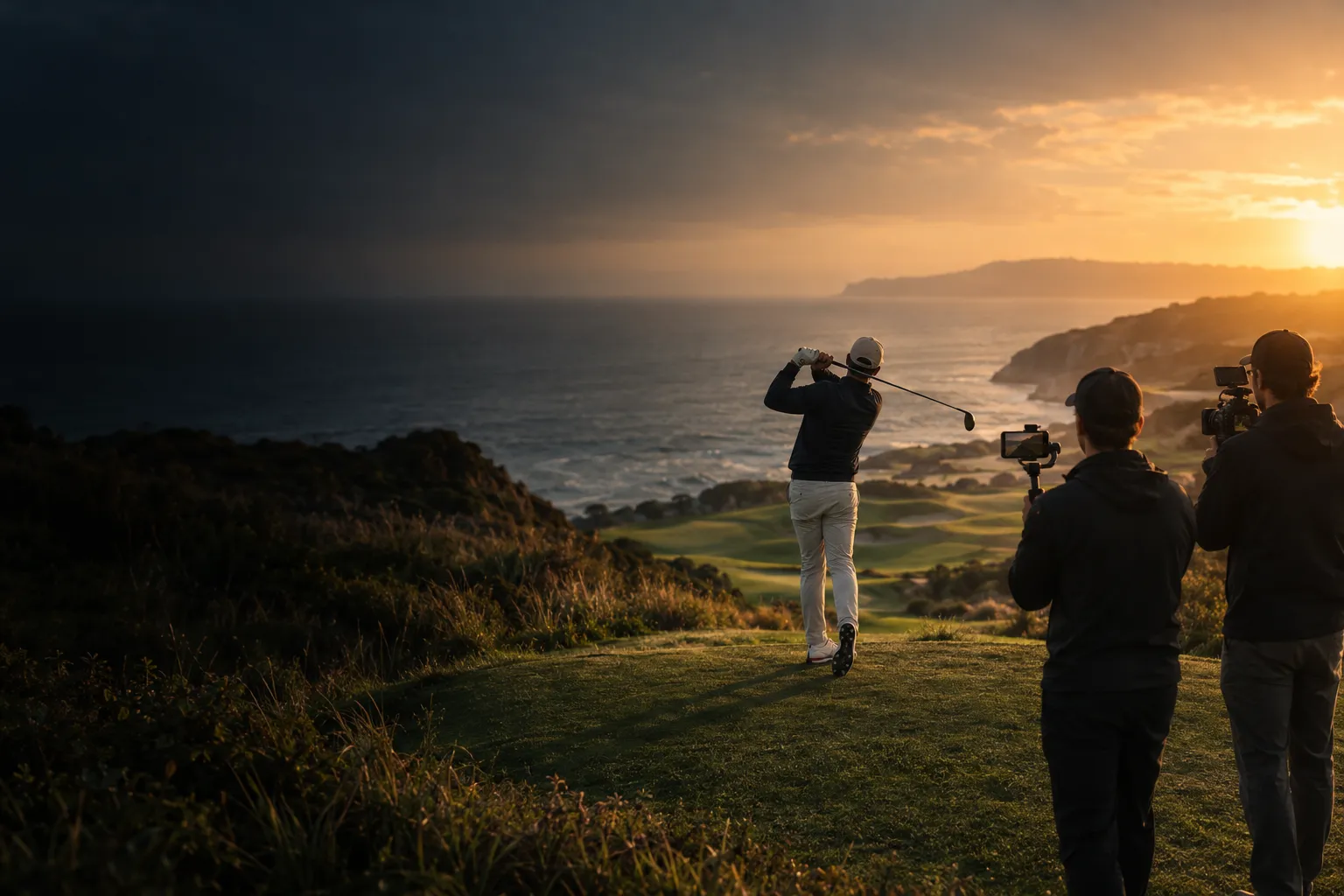 A golfer finishing a swing on a clifftop tee above the ocean at golden hour while a small crew films the moment.