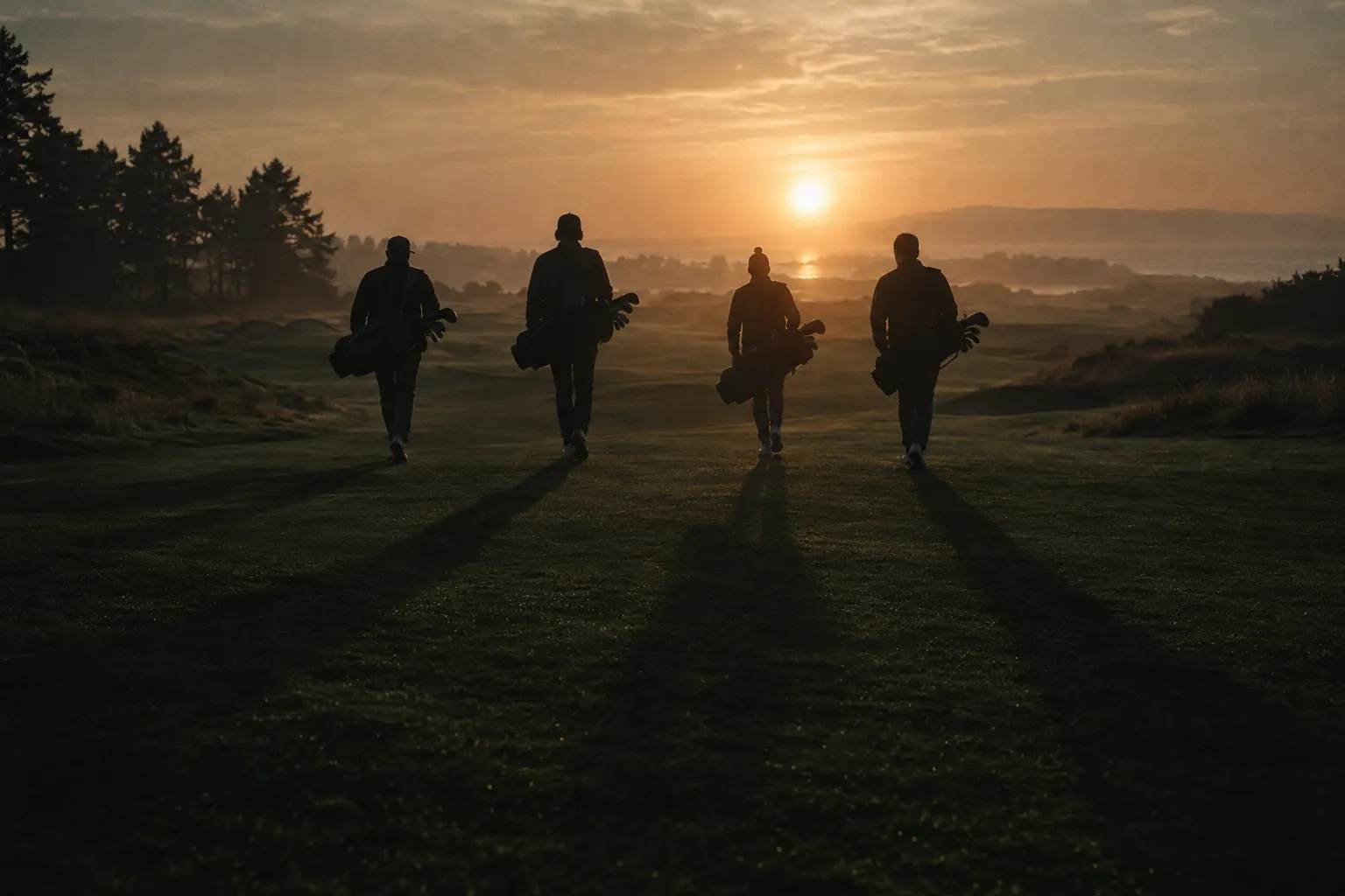 Four golfers walking down a fairway into the setting sun, seen as silhouettes.